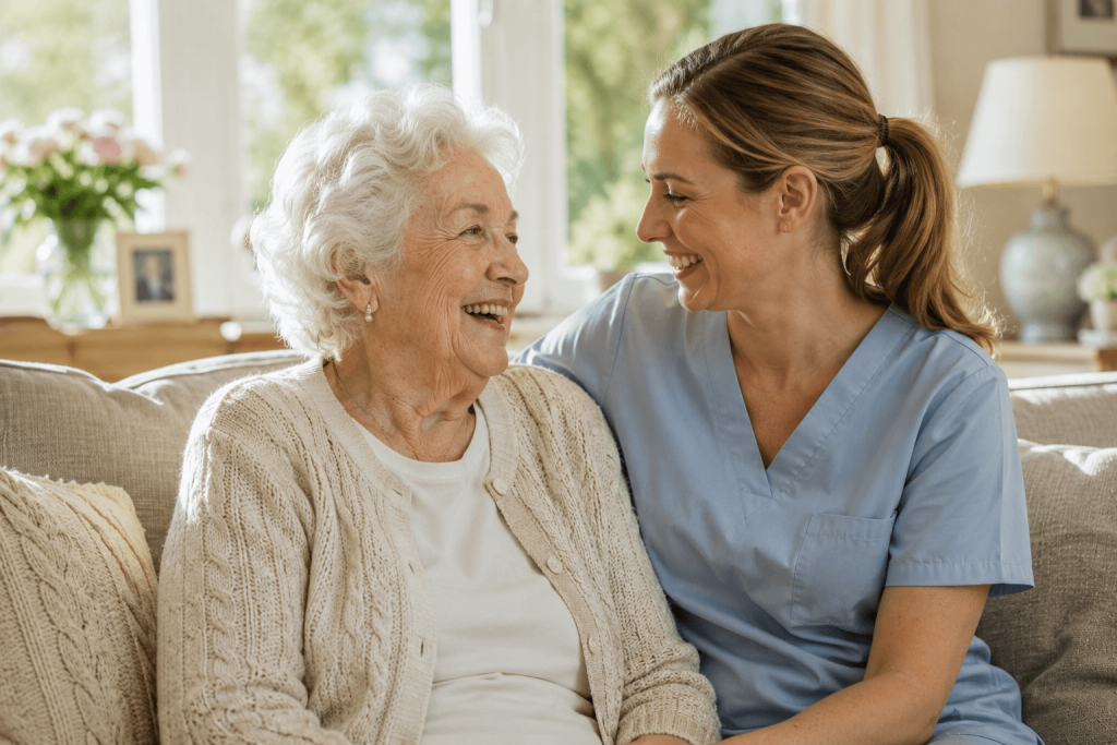 Senior woman with dementia sitting with a caregiver in a sunlit living room at Pennington Gardens in Chandler, AZ