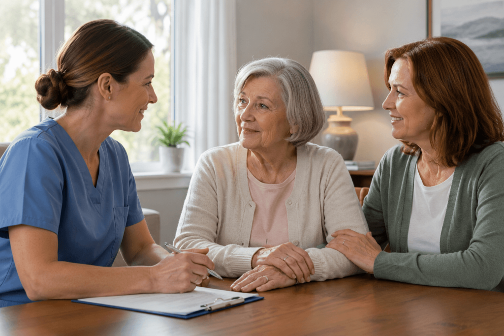 Care coordinator reviewing a personalized dementia care plan with a senior resident and her adult daughter