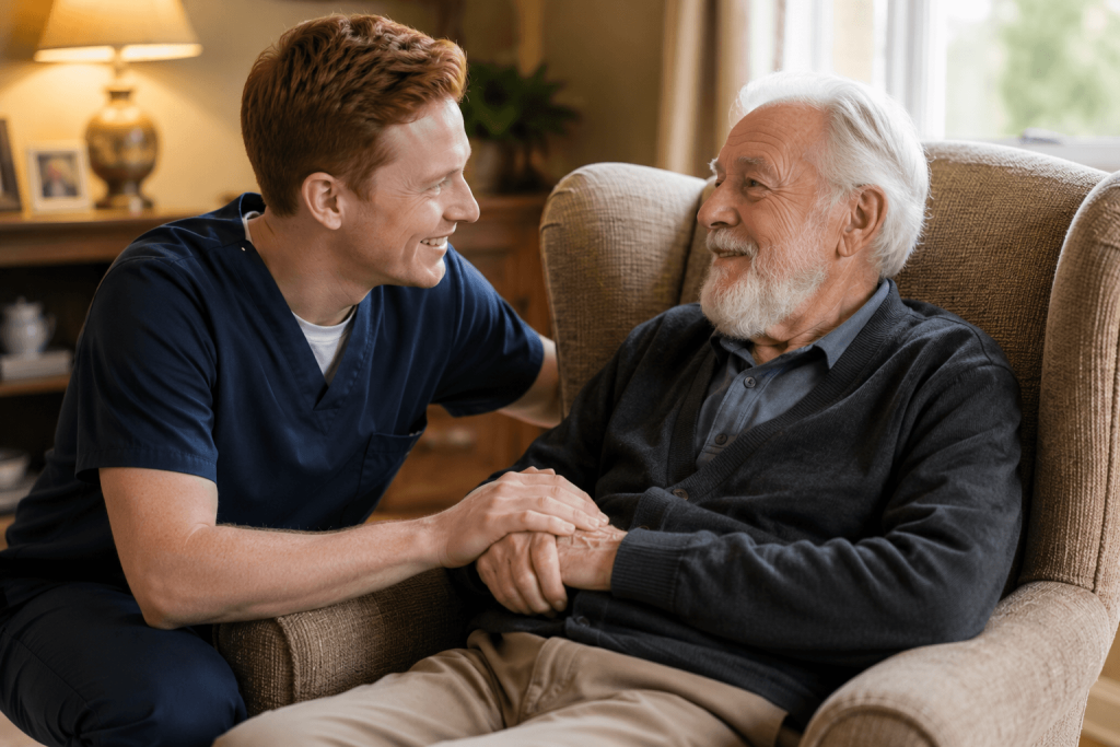 Caregiver in scrubs kneeling beside an elderly man in an armchair and holding his hand