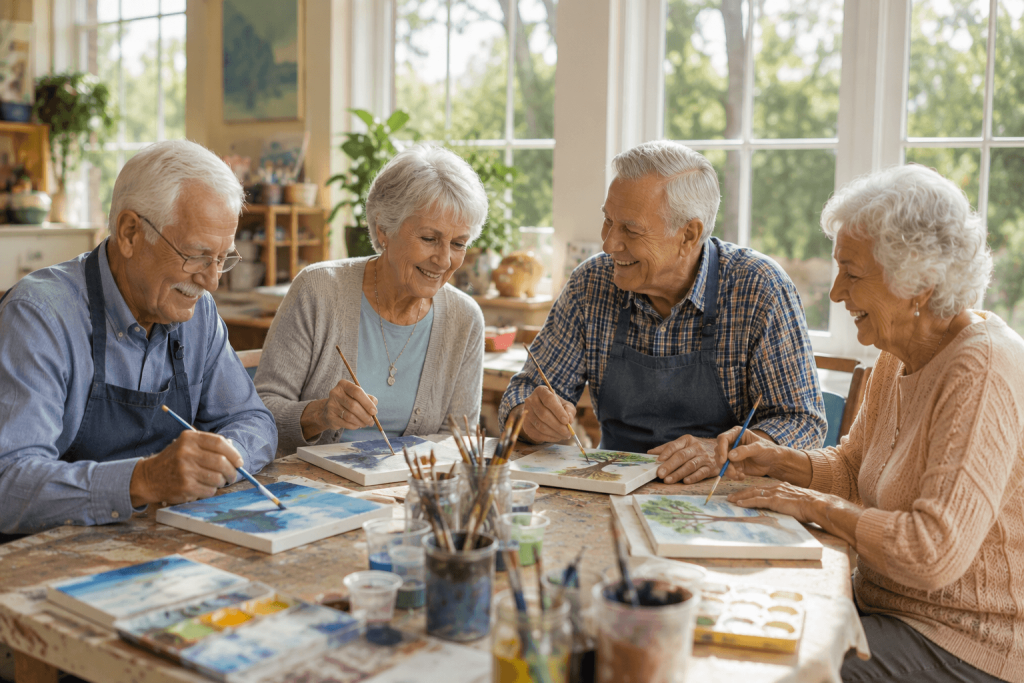 Small group of senior residents painting at a table during an art activity in a memory care activity room