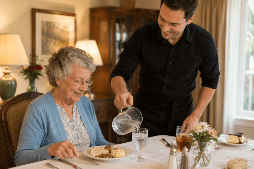 Senior woman enjoying a home-style meal at a dining table while a server assists nearby