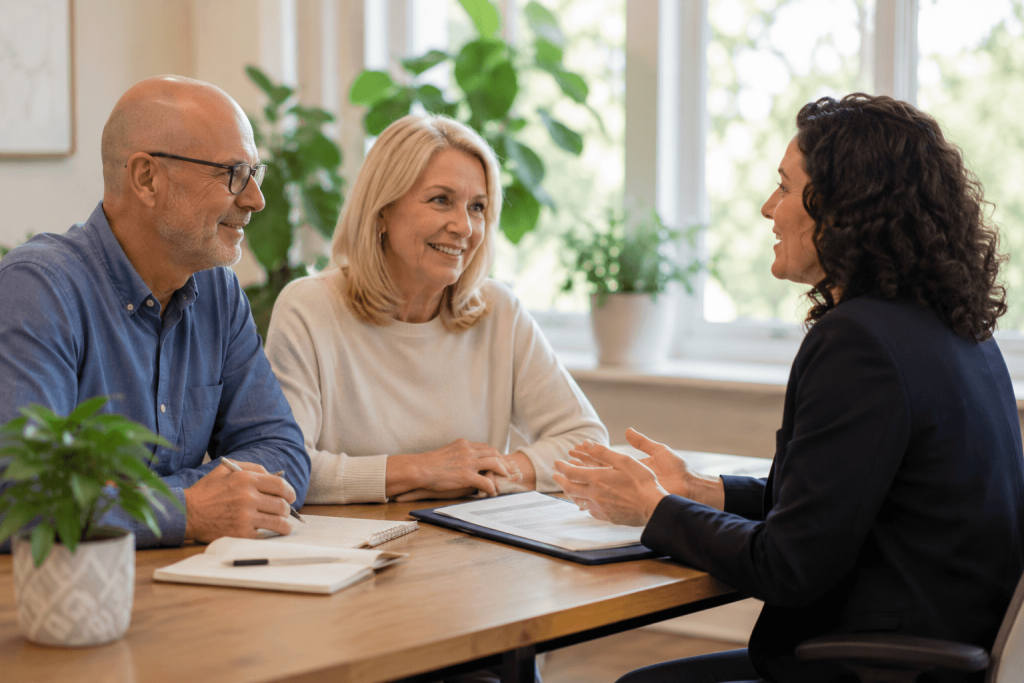 Middle-aged couple talking with a community staff member across a table during a family meeting