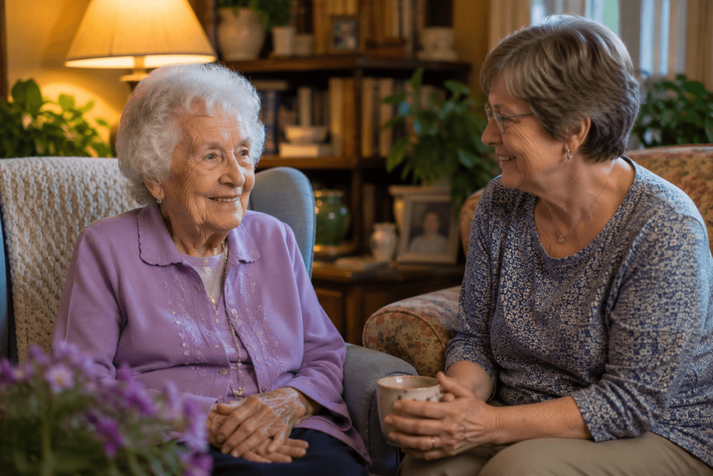 Elderly resident smiling in a warm, home-like sitting room with a family member seated beside her