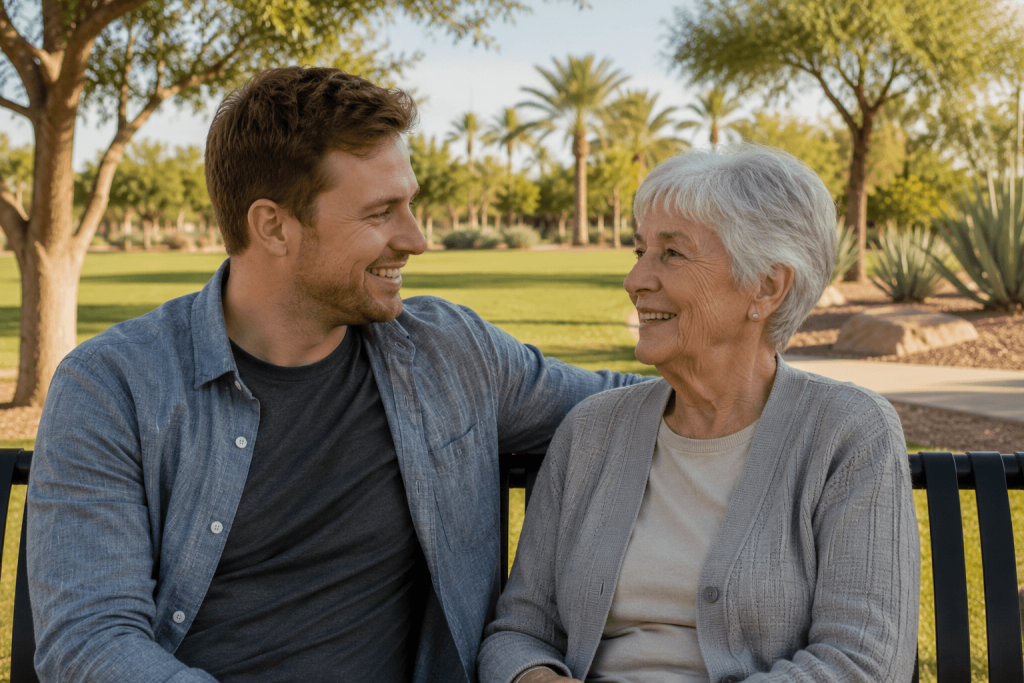 Grandson and elderly grandmother sitting together on a park bench near a green Chandler, AZ park
