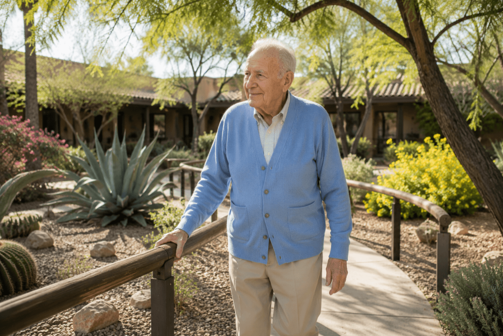 Elderly man walking along a secure landscaped courtyard path in a memory care neighborhood
