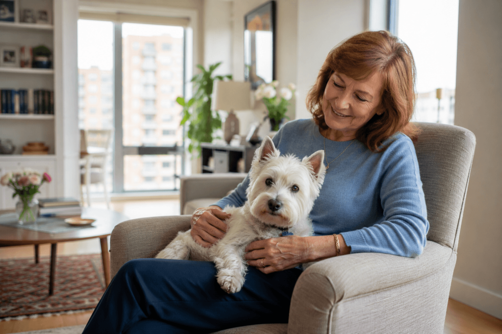 Senior woman relaxing with her small dog at a pet-friendly community in Chandler, AZ