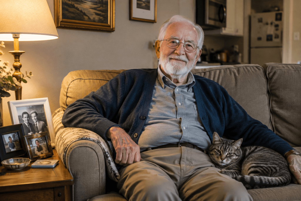 Senior man sitting in his apartment with his cat resting on his lap