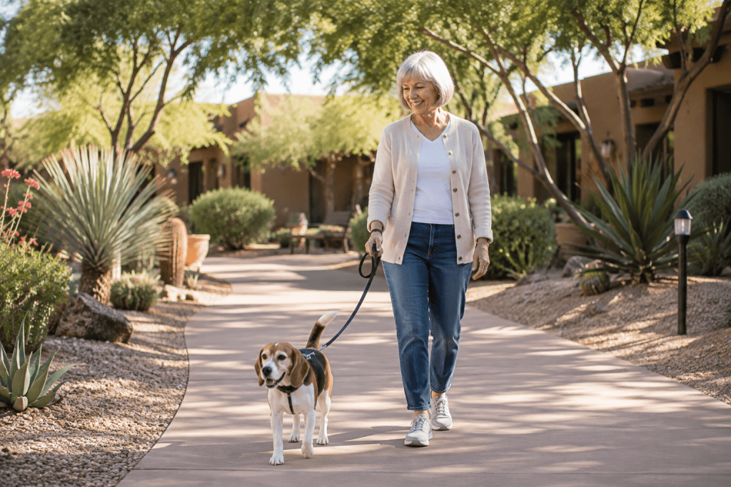 Senior resident walking her dog along a shaded courtyard path with seasonal landscaping