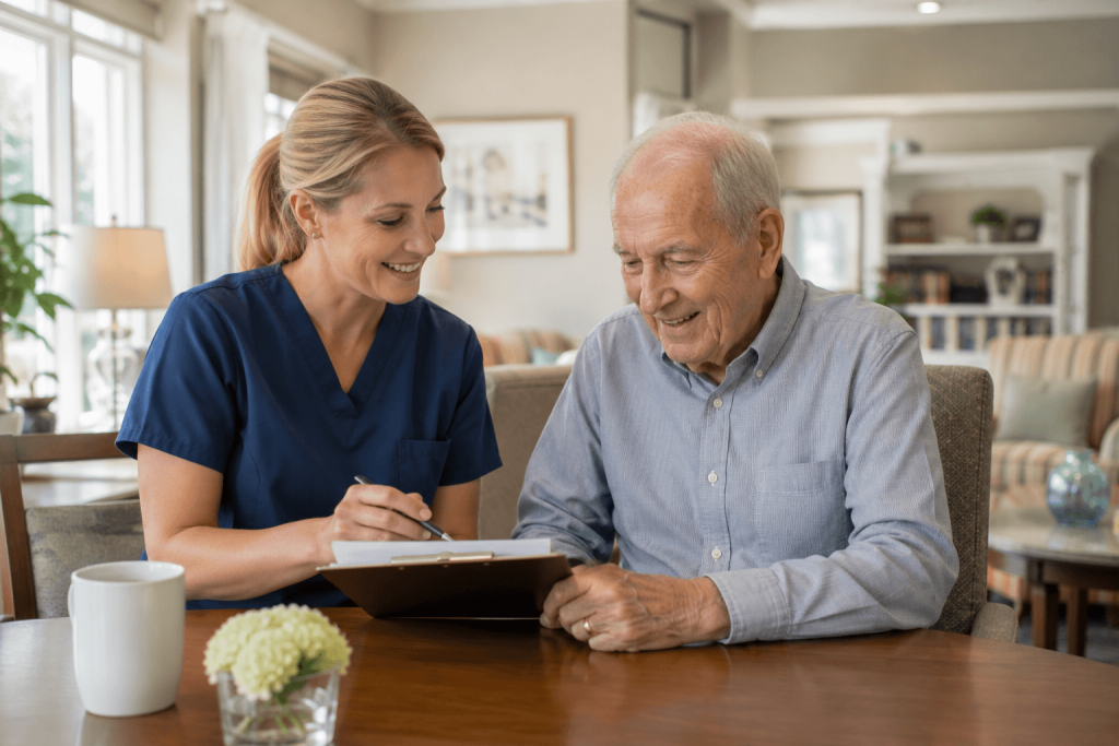 Caregiver reviewing a personalized care plan with a senior resident in a bright common room