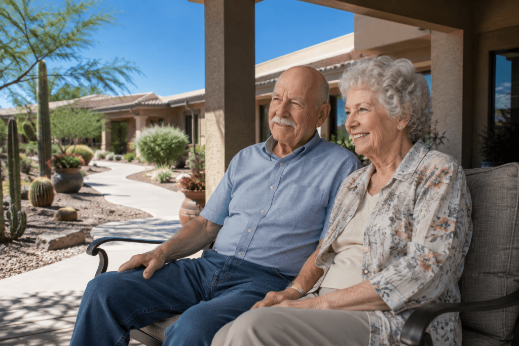Senior couple sitting on a shaded patio bench outside their Chandler, AZ senior living community